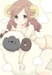 Rule 34 | 1girl, animal costume, bad id, bad pixiv id, blush, brown eyes, brown hair, detached sleeves, horns, morina nao, original, sheep, sheep costume, smile, solo, strap slip, twintails