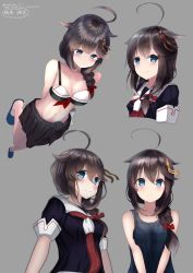 Rule 34 | 1girl, absurdres, adapted costume, ahoge, bikini, black bikini, black hair, black sarong, black serafuku, black shirt, blue eyes, braid, commentary request, from above, full body, grey background, hair flaps, hair ornament, hair over shoulder, highres, kantai collection, looking at viewer, multiple views, neckerchief, numarinko, red neckerchief, sarong, school uniform, serafuku, shigure (kancolle), shirt, single braid, standing, swimsuit, tank top, upper body