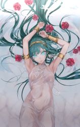 Rule 34 | 1girl, absurdres, aqua eyes, armband, armpits, arms up, ashita kura, bad id, bad pixiv id, bracelet, cleopatra (fate), commentary request, facial mark, fate/grand order, fate (series), flower, green hair, highres, jewelry, long hair, looking at viewer, lying, necklace, on back, rose, see-through, solo