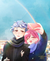 Rule 34 | 1boy, 1girl, artist name, black jacket, black scarf, blue coat, blue scarf, blush, bob cut, closed eyes, coat, couple, grey hair, grey shirt, hair between eyes, hetero, holding, holding another&#039;s arm, holding phone, jacket, krudears, long sleeves, open mouth, outdoors, parted lips, phone, pink hair, protagonist (tokimemo gs3), rainbow, red eyes, scarf, selfie, shirt, shitara seiji, short hair, smile, taking picture, tokimeki memorial, tokimeki memorial girl&#039;s side 3rd story, twitter username, upper body