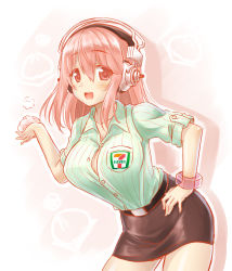 Rule 34 | 1girl, 7-eleven, belt, bent over, blush, bracelet, breasts, cleavage, collarbone, employee uniform, hand on own hip, headphones, highres, jewelry, large breasts, long hair, looking at viewer, miniskirt, nitroplus, okitakung, open clothes, open mouth, open shirt, pencil skirt, pink eyes, pink hair, product placement, shirt, skirt, smile, solo, super sonico, uniform