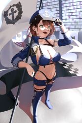 Rule 34 | 1girl, absurdres, azur lane, baltimore (azur lane), baltimore (finish line flagbearer) (azur lane), bikini, black choker, black gloves, blue bikini, blue hat, blue jacket, braid, breasts, brown hair, choker, cleavage, cropped jacket, detached sleeves, flag, french braid, full body, gloves, hat, highleg, highleg bikini, highres, holding, holding flag, holding pole, hsubo, jacket, large breasts, micro shorts, mismatched bikini, navel, official alternate costume, open mouth, outdoors, peaked cap, pole, race queen, short hair, shorts, solo, standing, swimsuit, yellow eyes