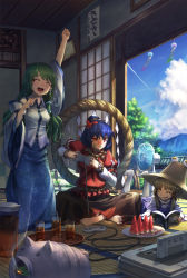 Rule 34 | 3girls, :d, ;d, ^ ^, album cover, barefoot, benitama, blonde hair, blue hair, blue sky, book, clenched teeth, closed eyes, cloud, controller, cover, cup, day, detached sleeves, dress, drinking glass, electric fan, closed eyes, food, fruit, game console, game controller, gamepad, green hair, hair ornament, hat, indian style, indoors, kochiya sanae, lying, moriya suwako, mosquito coil, multiple girls, on stomach, one eye closed, open book, open mouth, purple eyes, raised fist, reading, rope, shimenawa, shirt, sitting, skirt, sky, smile, standing, super famicom, tatami, teeth, touhou, tree, watermelon, wide sleeves, wind chime, wink, yasaka kanako, yellow eyes