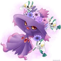 Rule 34 | artist name, closed mouth, colored sclera, commentary request, creatures (company), floette, flower, game freak, gen 4 pokemon, gen 6 pokemon, happy, highres, holding, holding flower, looking to the side, mismagius, nintendo, open mouth, pokemon, pokemon (creature), purple flower, red eyes, sasabunecafe, smile, tongue, watermark, yellow sclera