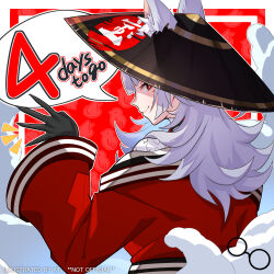 Rule 34 | 1girl, animal ear fluff, animal ears, black gloves, conical hat, countdown, english text, facial mark, fox ears, from behind, gloves, grey hair, japanese clothes, kimono, kt. (kaisou-notagui), long hair, looking at viewer, looking back, multiple tails, nijisanji, nijisanji en, nina kosaka, nina kosaka (1st costume), off shoulder, red eyes, red kimono, robert (nina kosaka), smile, solo, speech bubble, tail, waving