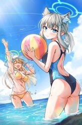 Rule 34 | 2girls, absurdres, animal ear fluff, animal ears, ass, ball, beachball, bikini, black one-piece swimsuit, blonde hair, blue archive, blue eyes, blue sky, breasts, cloud, commentary, competition swimsuit, covered navel, cowboy shot, cross hair ornament, day, dutch angle, extra ears, front-tie bikini top, front-tie top, grey hair, hair ornament, halo, highres, holding, holding ball, horizon, large breasts, long hair, looking at viewer, looking back, low ponytail, medium breasts, medium hair, mismatched pupils, multicolored clothes, multicolored swimsuit, multiple girls, nonomi (blue archive), nonomi (swimsuit) (blue archive), ocean, one-piece swimsuit, outdoors, see-through, see-through shirt, shiroko (blue archive), shiroko (swimsuit) (blue archive), shirt, side-tie bikini bottom, sky, smile, ssalyun, swept bangs, swimsuit, water, wedgie, white shirt, wolf ears, yellow bikini