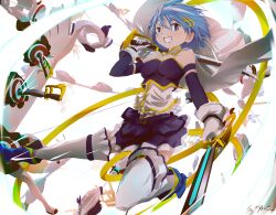 Rule 34 | 1girl, absurdres, bare shoulders, blue eyes, blue hair, cape, detached sleeves, highres, looking at viewer, mahou shoujo madoka magica, miki sayaka, miki sayaka (magical girl), sengoku chidori, solo, sword, weapon
