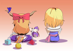 Rule 34 | 2girls, alice margatroid, blonde hair, bow, capelet, chain, chibi, female focus, from behind, gourd, hair bow, horn ornament, horn ribbon, horns, ibuki suika, indian style, kupala, hugging own legs, long hair, multiple girls, orange hair, ribbon, short hair, sitting, touhou