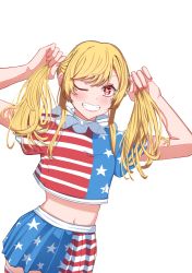 Rule 34 | 1girl, absurdres, adapted costume, alternate hairstyle, american flag legwear, american flag shirt, american flag skirt, arms up, blouse, blush, breasts, bunching hair, closed mouth, clownpiece, commentary request, fingernails, hair between eyes, hands up, highres, long fingernails, long hair, looking at viewer, medium breasts, miniskirt, nail polish, navel, neck ruff, no headwear, one eye closed, pink nails, red eyes, sazaki (sakiyuikun), shirt, short sleeves, simple background, skirt, smile, solo, standing, star (symbol), star in eye, star print, striped clothes, striped shirt, striped skirt, striped thighhighs, symbol in eye, t-shirt, teeth, thighhighs, touhou, twintails, v-shaped eyebrows, white background