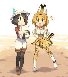 Rule 34 | 10s, 2girls, animal ears, bag, bare shoulders, black hair, blonde hair, bow, bowtie, bucket hat, clenched hands, commentary request, dirt, eguegukun, elbow gloves, feathers, gloves, hat, high-waist skirt, highres, holding, kaban (kemono friends), kemono friends, loafers, multicolored hair, multiple girls, open mouth, pantyhose, serval (kemono friends), serval print, serval tail, shirt, shoes, short hair, short sleeves, shorts, skirt, smile, t-shirt, tail, thighhighs, vest, yellow eyes, zettai ryouiki