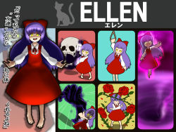 Rule 34 | 1girl, barefoot, bow, cat, character name, commentary request, dress, ellen (majo no ie), final smash, flower, glowing, glowing eyes, hair bow, hair ornament, highres, large bow, long hair, majo no ie, nintendo, open mouth, outline, parody, purple hair, red dress, ribbon, rose, shadow, shan grila, sidelocks, silhouette, skull, solo, spoilers, super smash bros., symbol, thorns, translation request, yellow eyes, zoom layer
