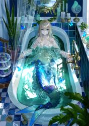 Rule 34 | 1boy, 1girl, absurdres, aqua eyes, aqua theme, bath, bathing, bathroom, bathtub, blonde hair, blue butterfly, blue eyes, blue theme, bug, butterfly, candle, candle wax, candlestand, chair, closed mouth, collarbone, convenient censoring, drain (object), faucet, food, fuzichoco, highres, indoors, insect, long hair, long sleeves, looking at viewer, lying, mermaid, mirror, monster girl, navel, no bra, original, overflowing, overflowing bath, partially submerged, plant, potted plant, reflection, resolution mismatch, sandwich, see-through, shell, shirt, solo focus, source smaller, standing, tail, tile wall, tiles, water, wet, wet clothes, white shirt