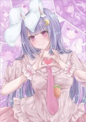 Rule 34 | 1girl, absurdres, animal ears, blunt bangs, carrot pin, closed mouth, commentary request, crescent, crescent hair ornament, guchadoro, hair ornament, heart, heart hands, highres, long hair, looking at viewer, multiple views, necktie, pink eyes, pink necktie, purple hair, rabbit ears, rabbit girl, reisen udongein inaba, short sleeves, smile, solo, touhou, upper body