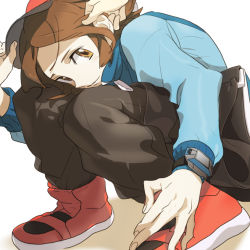 Rule 34 | 10s, 1boy, bag, baseball cap, brown eyes, brown hair, creatures (company), disembodied hand, game freak, hand on headwear, hand on own ear, hat, hilbert (pokemon), jacket, knees to chest, looking up, male focus, naralika, nintendo, pokemon, pokemon bw, shoes, sitting, smile, sneakers, solo, watch, white background