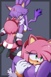 Rule 34 | 2girls, amy rose, animal ears, armpits, arms at sides, ass, blaze the cat, blush, bob cut, boots, breasts, cat ears, cat girl, cat tail, clenched hands, clitoris, unworn clothes, colored skin, cunnilingus, euf-dreamer, eyelashes, female focus, full body, furry, furry female, gloves, unworn gloves, green eyes, half-closed eyes, hands on thighs, happy sex, hedgehog ears, hedgehog girl, hedgehog tail, highres, knee boots, kneeling, legs, looking at another, multicolored skin, multiple girls, multiple views, navel, nipples, nude, oral, panties, panties only, pink hair, purple hair, pussy, sex, shiny skin, shoes only, short hair, simple background, sitting, small breasts, sonic (series), spread legs, tail, thighs, tongue, tongue out, topless, two-tone skin, underwear, underwear only, white panties, yellow eyes, yuri