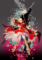Rule 34 | 1boy, 1girl, aestus estus, ahoge, armor, armored boots, back-to-back, beard, black coat, blonde hair, boots, breasts, character name, clothing cutout, coat, copyright name, dress, earrings, epaulettes, facial hair, fate/grand order, fate (series), floral background, flower, from behind, fur trim, hair bun, hair intakes, hair ribbon, height difference, high heel boots, high heels, highres, holding, holding sword, holding weapon, jewelry, koshiro itsuki, lance, large breasts, leotard, long hair, looking at viewer, navel cutout, nero claudius (fate), nero claudius (fate) (all), nero claudius (fate/extra), petals, pointy ears, polearm, ribbon, rose, rose petals, see-through, single hair bun, sword, tailcoat, vlad iii (fate/apocrypha), weapon, white leotard, wide sleeves