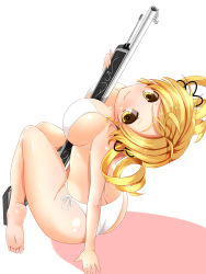 Rule 34 | 10s, 1girl, arched back, arm support, ass, bad id, bad pixiv id, barefoot, between breasts, bikini, blonde hair, blush, body blush, breasts, butt crack, drill hair, face, feet, from above, from behind, gun, long hair, magical musket, mahou shoujo madoka magica, mahou shoujo madoka magica (anime), rifle, saitou (painfotsai), side-tie bikini bottom, simple background, soles, solo, swimsuit, toes, tomoe mami, twin drills, twintails, weapon, white bikini, yellow eyes