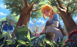 Rule 34 | 1boy, 1other, absurdres, blue eyes, day, earrings, flower, forest, from below, highres, huge filesize, jewelry, kneeling, korok, link, low ponytail, nature, nintendo, oisy, on one knee, outdoors, pointy ears, short ponytail, sidelocks, stick, the legend of zelda, the legend of zelda: breath of the wild, tunic