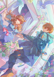 Rule 34 | 1boy, 1girl, :d, bai qi (love and producer), bird, blue dress, blue footwear, blue gloves, blue jacket, blue pants, brown eyes, brown hair, dress, fingerless gloves, flower, gloves, highres, holding, jacket, long hair, long sleeves, looking at another, love and producer, open mouth, outdoors, pants, pink flower, pink rose, protagonist (love and producer), rabbitcamilla, rose, shoe soles, shoes, short hair, short sleeves, smile, sneakers, window