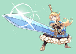 Rule 34 | absurdres, armor, armored dress, blonde hair, blue eyes, boots, charlotta (granblue fantasy), cirenk, dwarf, foreshortening, glint, granblue fantasy, highres, looking afar, perspective, pointing sword, pointy ears, shield, sunrise stance, tall crown