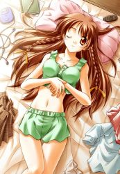 Rule 34 | 1girl, bed, braid, brown eyes, brown hair, from above, lingerie, long hair, lying, midriff, navel, on back, one eye closed, original, pillow, shorts, solo, takeya masami, tank top, thigh gap, twin braids, underwear, wink