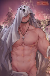 Rule 34 | 1boy, abs, aura, avenger (dungeon and fighter), bara, bare pectorals, beard, cloak, cowboy shot, cross, cross necklace, dungeon and fighter, facial hair, ghost costume, ghost print, groin, halloween costume, highres, jewelry, kulolin, large pectorals, looking at viewer, male focus, male priest (dungeon and fighter), male pubic hair, mature male, muscular, muscular male, naked cloak, navel, necklace, nipples, pectorals, priest (dungeon and fighter), pubic hair, pubic hair peek, red eyes, seductive smile, short hair, smile, smirk, solo, stomach, undressing