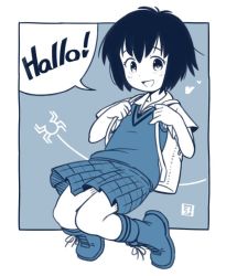 Rule 34 | 1girl, :d, ankle boots, backpack, bag, blue theme, boots, bug, commentary request, german text, heart, korean commentary, looking at viewer, marvel, monochrome, open mouth, peni parker, pleated skirt, shirt, short hair, short sleeves, skirt, smile, socks, solo, spider, spider-man: into the spider-verse, spider-man (series), spider-verse, ssambatea, vest