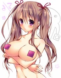 Rule 34 | 1girl, bad id, bad pixiv id, blush, breast hold, breasts, brown hair, condom wrapper, female focus, hair ribbon, large breasts, long hair, open mouth, purple eyes, ribbon, solo, sorai shin&#039;ya, twintails