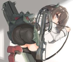Rule 34 | 1girl, ass, bike shorts, black shorts, black thighhighs, blush, bow (weapon), brown eyes, brown hair, commentary request, cowboy shot, crossbow, from behind, green skirt, headband, headgear, kantai collection, kasashi (kasasi008), leaning forward, looking at viewer, looking back, machinery, panties under bike shorts, pantylines, pleated skirt, shorts, skirt, solo, taihou (kancolle), thighhighs, weapon