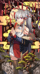 Rule 34 | 1girl, azur lane, bare shoulders, blurry, bokeh, braid, breasts, brown background, brown thighhighs, cleavage, depth of field, detached collar, dunkerque (azur lane), gradient background, grey hair, hair between eyes, hair ornament, hand fan, highres, long hair, nengajou, new year, off shoulder, own hands together, parted bangs, ponytail, red background, rff (3 percent), sidelocks, solo, standing, thighhighs, thighs, very long hair