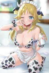 Rule 34 | 1girl, absurdres, ahoge, animal print, apron, armband, armpits, bell, blonde hair, blue eyes, blush, bottle, breasts, cleavage, closed mouth, collarbone, cow horns, cow print, cow tail, cowbell, frilled armband, frills, hachimiya meguru, highres, holding, holding bottle, horns, idolmaster, idolmaster shiny colors, large breasts, long hair, maid headdress, milk, milk bottle, on bed, one eye closed, sitting, solo, spilled milk, tail, thighhighs, umirororo, white apron, wrist cuffs