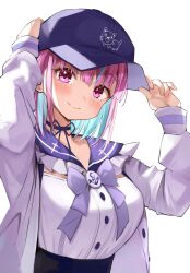 Rule 34 | 1girl, adjusting clothes, adjusting headwear, baseball cap, blue bow, blue bowtie, blue choker, blue hair, blue hat, blue sailor collar, blunt bangs, blush, bow, bowtie, breasts, character print, choker, closed mouth, colored inner hair, frilled sailor collar, frills, hands on headwear, hat, highres, hitsujisnow, hololive, jacket, large breasts, long sleeves, looking at viewer, minato aqua, minato aqua (sailor), multicolored hair, neko (minato aqua), official alternate costume, official alternate hair length, official alternate hairstyle, open clothes, open jacket, purple eyes, purple hair, ribbon choker, sailor collar, sailor shirt, shirt, simple background, smile, solo, streaked hair, two-tone hair, upper body, virtual youtuber, white background, white jacket, white shirt