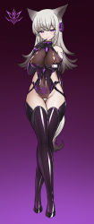Rule 34 | 1girl, absurdres, alternate costume, alternate eye color, animal ears, arknights, bar censor, bare shoulders, behind-the-head headphones, black gloves, blush, boots, brown leotard, budesonide, censored, closed mouth, corruption, covered navel, crossed legs, crotchless, crotchless leotard, dark persona, elbow gloves, finger to mouth, fox ears, fox girl, fox tail, frostleaf (arknights), full body, gloves, gradient background, groin, headphones, highres, implied extra ears, impossible clothes, impossible leotard, leotard, long hair, looking at viewer, nipple piercing, piercing, piercing through clothes, pubic tattoo, purple background, purple eyes, purple footwear, pussy, pussy juice, shoulder tattoo, silver hair, smile, solo, standing, tail, tattoo, thigh boots, thighhighs, watson cross
