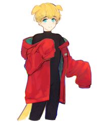 Rule 34 | 1boy, aged down, animal ears, black pants, black shirt, blue eyes, bowl cut, coat, cropped legs, dog boy, dog ears, dog tail, extra ears, hands up, highres, jacket, kemonomimi mode, long sleeves, looking at viewer, male focus, mole, mole under eye, off shoulder, open clothes, open jacket, pants, red coat, shirt, short hair, simple background, sleeves past fingers, sleeves past wrists, smile, solo, tail, trigun, trigun stampede, vash the stampede, w1177155400, white background