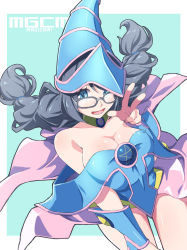 Rule 34 | 1girl, absurdres, alto-00, aqua background, bare shoulders, blue eyes, blue hat, braid, breasts, capelet, cleavage, cosplay, cowboy shot, dark magical circle, dark magician girl (cosplay), glasses, grey hair, hat, highres, jewelry, large breasts, magicami, necklace, okada marianne, open mouth, pentacle, pentagram, pink capelet, smile, solo, twin braids, v, white background, wizard hat, yu-gi-oh!, yu-gi-oh! duel monsters