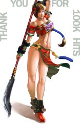 Rule 34 | 1girl, abs, bare legs, bare shoulders, boots, braid, breasts, brown hair, cleavage, glaive (polearm), hair tubes, halberd, headband, highres, long legs, midriff, namco, partisan (weapon), pelvic curtain, polearm, ponytail, sarong, seong mi-na, solo, soul calibur, soulcalibur, soulcalibur iii, spear, toned, vambraces, weapon