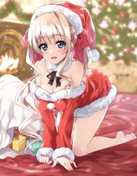 Rule 34 | 1girl, all fours, bare shoulders, barefoot, black ribbon, blonde hair, blue eyes, blurry, blurry background, blush, bow, breasts, christmas, christmas dress, christmas tree, cleavage, commentary, depth of field, dress, fireplace, fur collar, gift, hair bow, hat, highres, ilfriede von feulner, indoors, kuroi mimei, long hair, long sleeves, looking at viewer, medium hair, muv-luv, muv-luv alternative, neck ribbon, off-shoulder dress, off shoulder, open mouth, ponytail, red hat, ribbon, sack, santa costume, santa hat, short dress, sidelocks, smile, solo