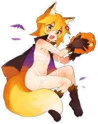 Rule 34 | 1girl, alternate costume, animal ear fluff, animal ears, animal hands, bandages, bat (animal), blonde hair, blush, breasts, cape, commentary, fang, flower, fox ears, fox tail, gloves, hair between eyes, hair flower, hair ornament, halloween, holding, jack-o&#039;-lantern, key visual, looking at viewer, naked ribbon, navel, official art, open mouth, paw gloves, paw shoes, petite, promotional art, pumpkin, ribbon, rimukoro, sarashi, senko (sewayaki kitsune no senko-san), sewayaki kitsune no senko-san, shoes, short hair, simple background, small breasts, solo, tail, yellow eyes