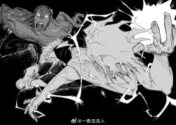 Rule 34 | 2boys, arm up, atie1225, black background, blank eyes, duel, electricity, electrokinesis, facing another, from above, greyscale, hair slicked back, highres, hunter x hunter, killua zoldyck, menthuthuyoupi, monochrome, multiple boys, perspective, shoes, shorts, spiked hair, topless male