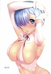 Rule 34 | 1girl, absurdres, blue eyes, blue hair, breasts, character name, cleavage, detached collar, elbow gloves, gloves, hair over one eye, highres, large breasts, looking at viewer, mataro (matarou), re:zero kara hajimeru isekai seikatsu, rem (re:zero), short hair, simple background, solo, upper body, white background, white gloves