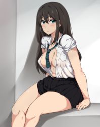 Rule 34 | 10s, 1girl, aqua eyes, black hair, blush, breasts, covered navel, curvy, covered erect nipples, female focus, green eyes, highres, idolmaster, idolmaster cinderella girls, large breasts, long hair, looking at viewer, moisture (chichi), necktie, no bra, open clothes, open shirt, shibuya rin, shirt, sitting, skirt, solo, sweat, thick thighs, thighs, wide hips