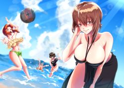 Rule 34 | 4girls, akaboshi koume, arm up, ball, beachball, bikini, black bikini, black one-piece swimsuit, black sarong, blue sky, blurry, blurry background, breasts, brown eyes, brown hair, closed eyes, closed mouth, cloud, cloudy sky, commentary, day, dutch angle, emblem, frilled bikini, frills, girls und panzer, green bikini, half-closed eyes, halterneck, hand in own hair, highres, innertube, itsumi erika, kuromorimine (emblem), large breasts, leaning back, leaning forward, leg up, looking at viewer, mismatched bikini, multiple girls, nishizumi maho, nishizumi miho, ocean, one-piece swimsuit, open mouth, outdoors, playing, sarong, short hair, siblings, sisters, sky, smile, sparkle, standing, standing on one leg, strapless, strapless bikini, swim ring, swimsuit, tatami san tatami, water, waves, wet, yellow bikini