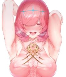 Rule 34 | armpits, blouse, blush, breasts, collared shirt, covered erect nipples, frilled shirt, frills, hair over one eye, hizuki akira, large breasts, open mouth, original, pink hair, pink shirt, shirt, simple background, skindentation, sleeveless, sleeveless shirt, solo, sweat, taut clothes, taut shirt, tongue, white background