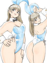 Rule 34 | 1girl, absurdres, animal ears, arms up, ass, bad id, bad twitter id, bare legs, black neckwear, blue leotard, bow, bowtie, breasts, brown hair, cowboy shot, detached collar, fake animal ears, fake tail, hand on own hip, highleg, highleg leotard, highres, leotard, long hair, medium breasts, multiple views, playboy bunny, rabbit ears, rabbit tail, real life, simple background, tail, toshinoshin, white background