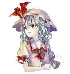 Rule 34 | 1girl, :o, ascot, blue hair, bow, brooch, cup, female focus, hair between eyes, hat, hat ribbon, holding, holding cup, jewelry, looking away, mob cap, pink hat, red bow, red eyes, red ribbon, remilia scarlet, ribbon, shippori, shishou, short hair, short sleeves, simple background, solo, teacup, touhou, white background