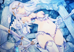 Rule 34 | 1girl, bare shoulders, bikini, blue eyes, breasts, chikinan tarou, cleavage, elbow gloves, fate/grand order, fate (series), galatea (fate), gloves, halterneck, joints, long hair, looking at viewer, medium breasts, navel, painting (medium), pale skin, parted bangs, robot joints, solo, swimsuit, thighhighs, thighs, tiara, traditional media, watercolor (medium), white bikini, white gloves, white hair, white thighhighs