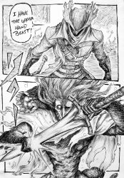 Rule 34 | 1other, bloodborne, chronozbergh, coat, commentary, cowboy shot, english commentary, gloves, greyscale, hat, highres, holding, holding sword, holding weapon, hunter (bloodborne), kagurabachi, long hair, long sleeves, ludwig the accursed, monochrome, monster, speech bubble, standing, sword, teeth, tricorne, vambraces, weapon