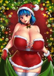 Rule 34 | 1girl, absurdres, bare shoulders, blue hair, blunt bangs, breasts, christmas ornaments, cleavage, curvy, detached collar, dress, erkaz, fur-trimmed headwear, fur trim, gloves, hat, highres, huge breasts, open mouth, original, red eyes, red gloves, red hat, rina atherina, santa costume, santa dress, santa hat, solo, strapless, strapless dress, thighhighs