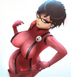 Rule 34 | 1girl, bayonetta, bayonetta, bayonetta (series), bayonetta 2, black hair, breasts, cosplay, costume switch, covered erect nipples, eyeshadow, female focus, from above, glasses, highres, jeanne (bayonetta) (cosplay), large breasts, looking at viewer, makeup, mole, mole under mouth, short hair, smile, solo, superboin