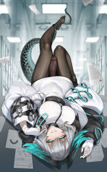 Rule 34 | 1futa, absurdres, aqua eyes, arknights, belt, black belt, black pantyhose, breasts, censored, commentary request, dress, erection, feet, fingerless gloves, futanari, gins, gloves, grey hair, grin, hands up, head wings, highres, ho&#039;olheyak (arknights), indoors, jacket, large breasts, leg up, legs, long sleeves, looking at viewer, lying, mosaic censoring, nail polish, no shoes, on back, open clothes, open jacket, pantyhose, penis, short hair, smile, snake tail, solo, tail, tail around own leg, thighs, upside-down, white dress, white gloves, white jacket, wings